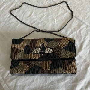 Bee Embellished Camouflage Beaded Wristlet